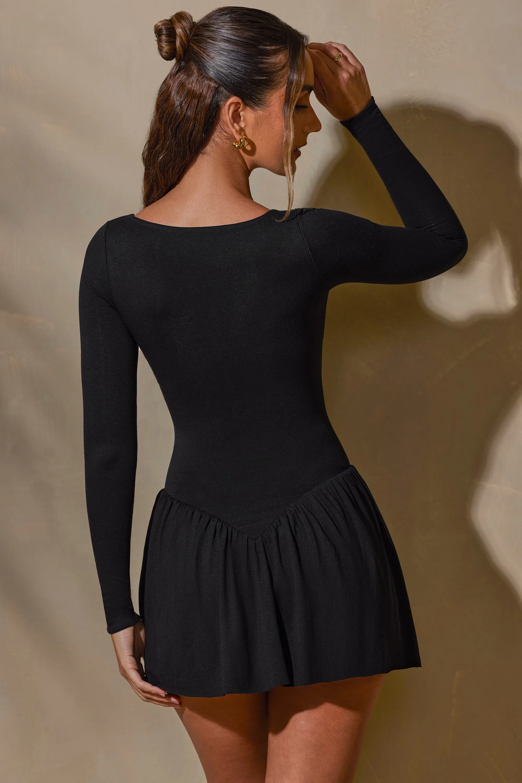 Seam Free Edges Long Sleeve Layered A-Line Mini Dress in Black