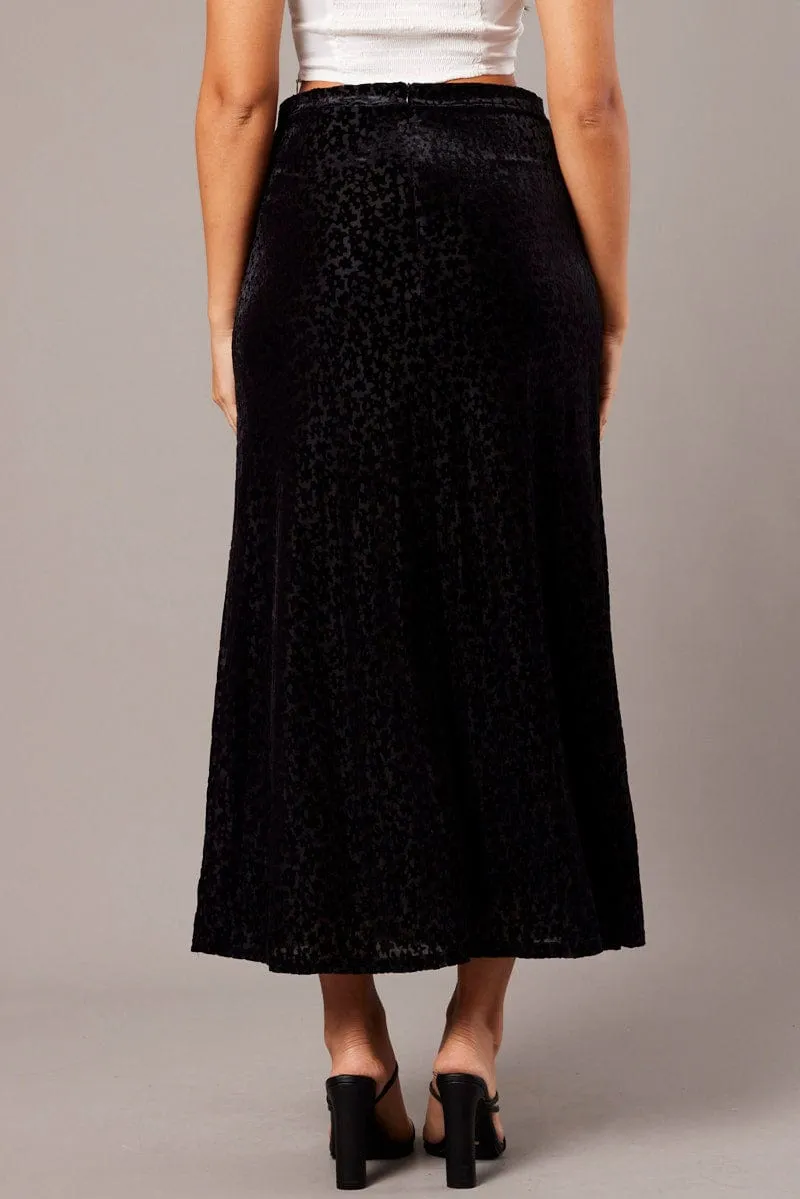 Black Maxi Skirt Mid Rise Burn Out Structured Shape Frayed Finish