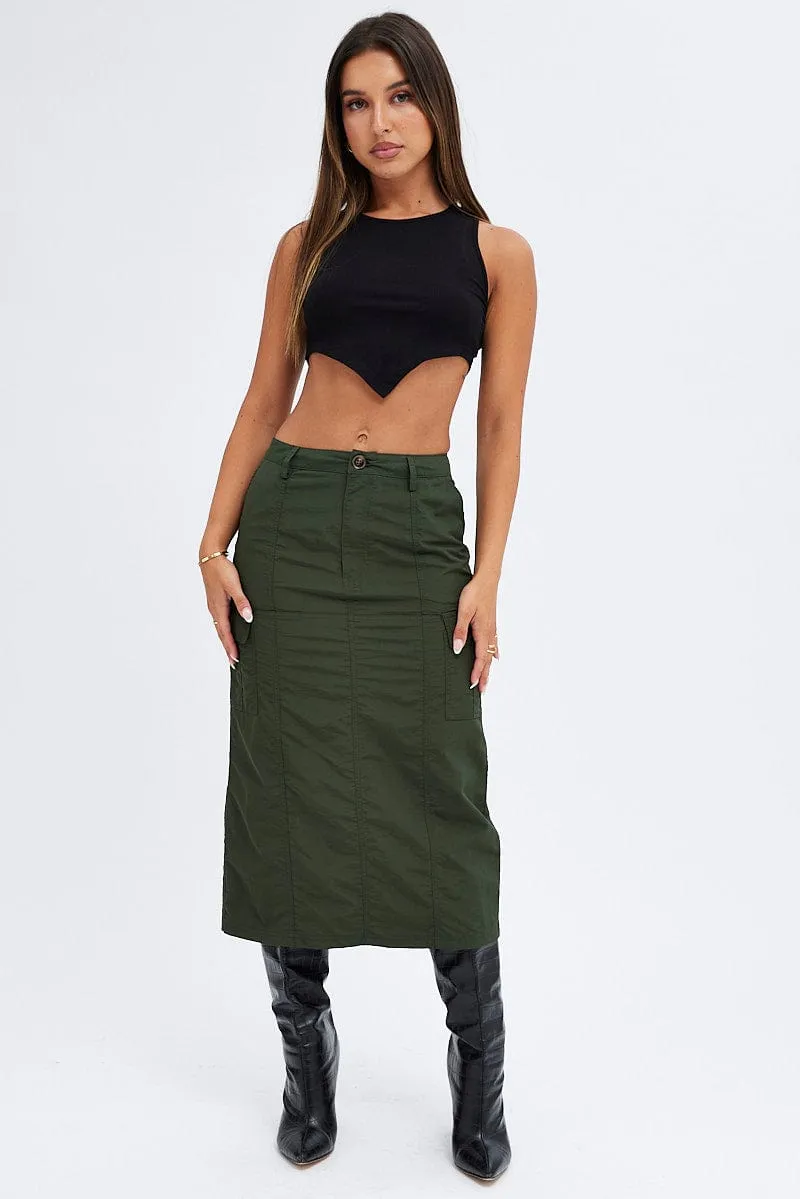 Minimal Design Suede Feel Green Cargo Skirt High Rise