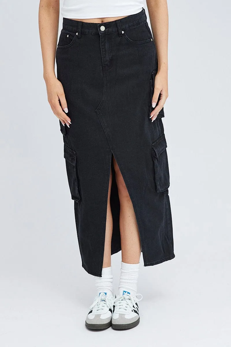 Outfit Flow Black Cargo Skirt Mid Rise Maxi Utility Pocket Details