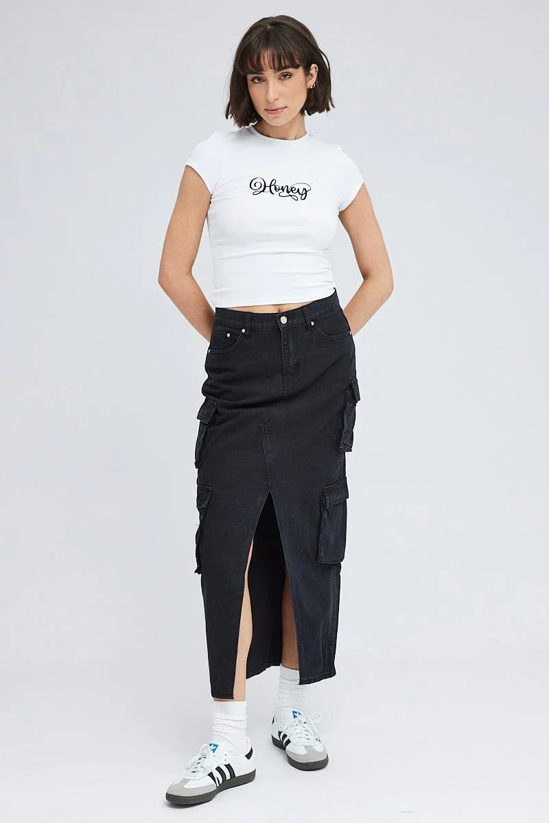 Black Cargo Skirt Mid Rise Maxi Utility Pocket Details Button Fastenings