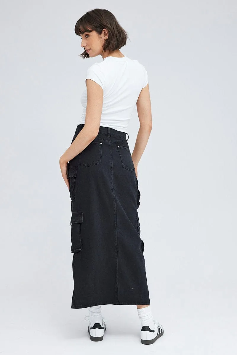 Bold Finish Black Cargo Skirt Mid Rise Maxi Utility Pocket Details