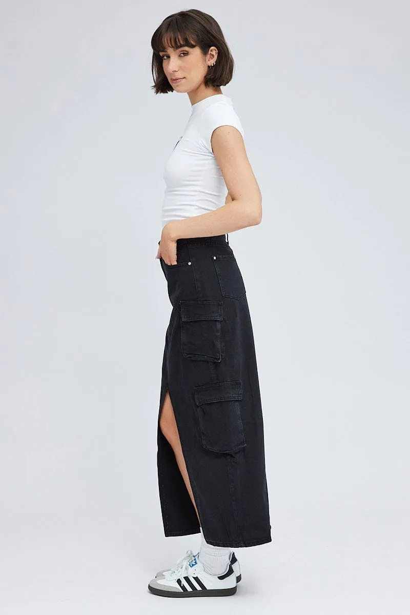 Black Cargo Skirt Mid Rise Maxi Utility Pocket Details tech fabric