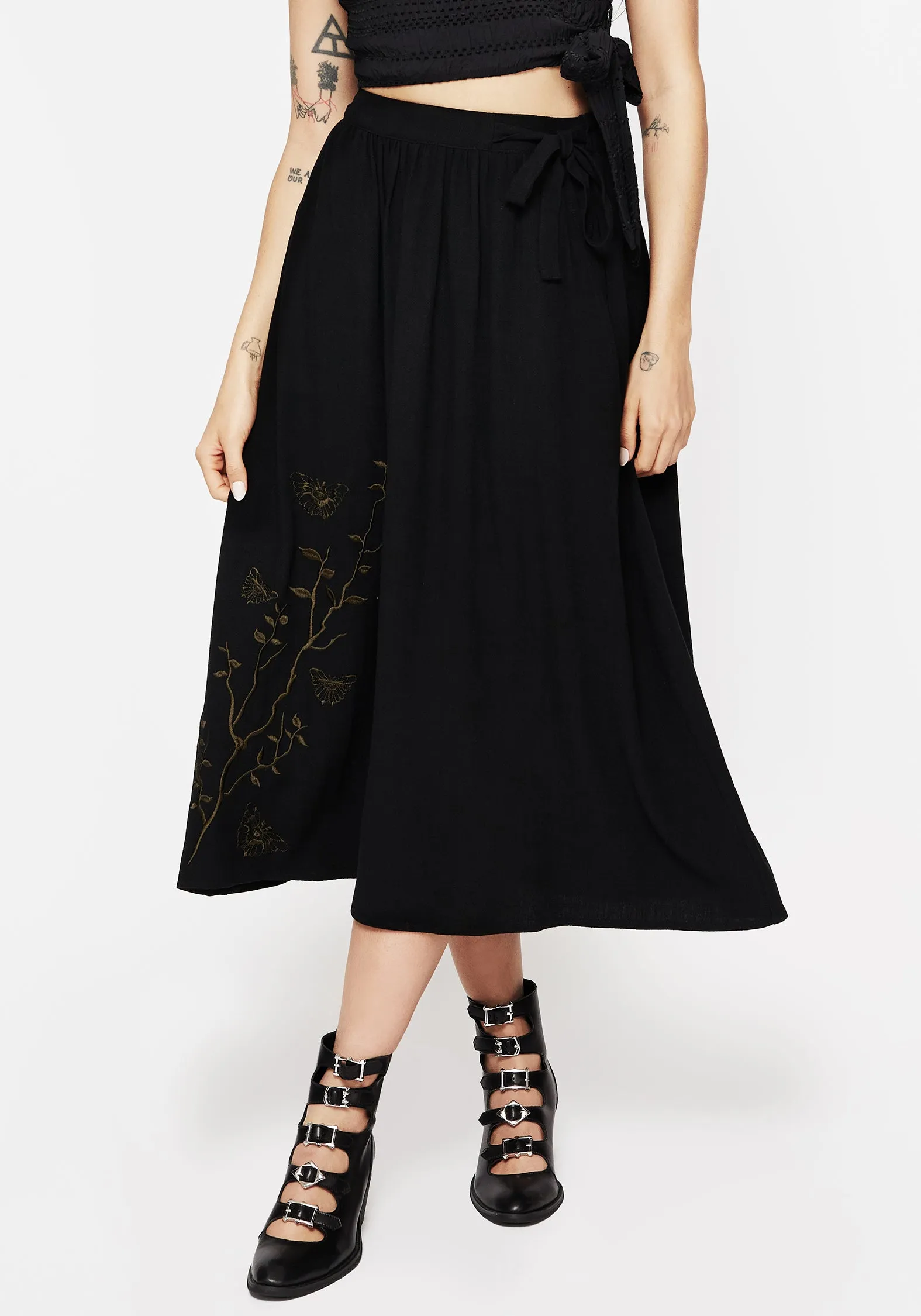 Department Store Style Business Meeting Cressida Moth Embroidered Midi Skirt