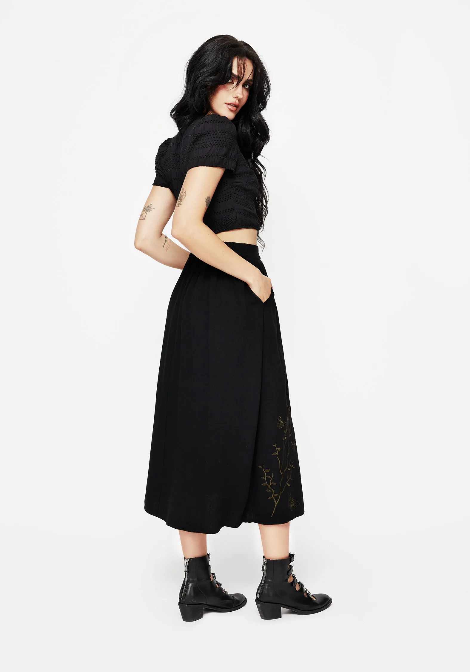 Cressida Moth Embroidered Midi Skirt Neutral Tone