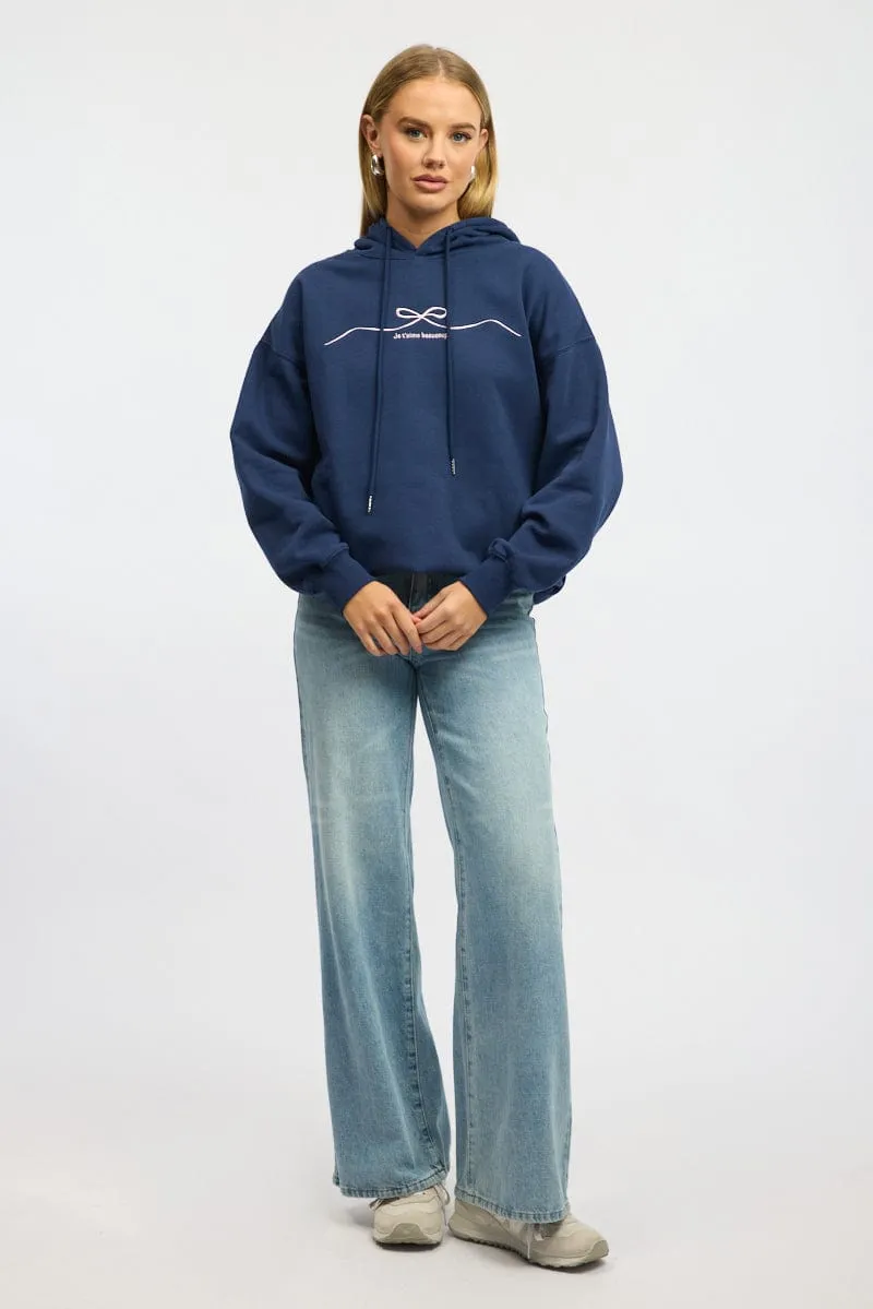 Blue Graphic Hoodie Lightweight Comfort Simple Hoodie