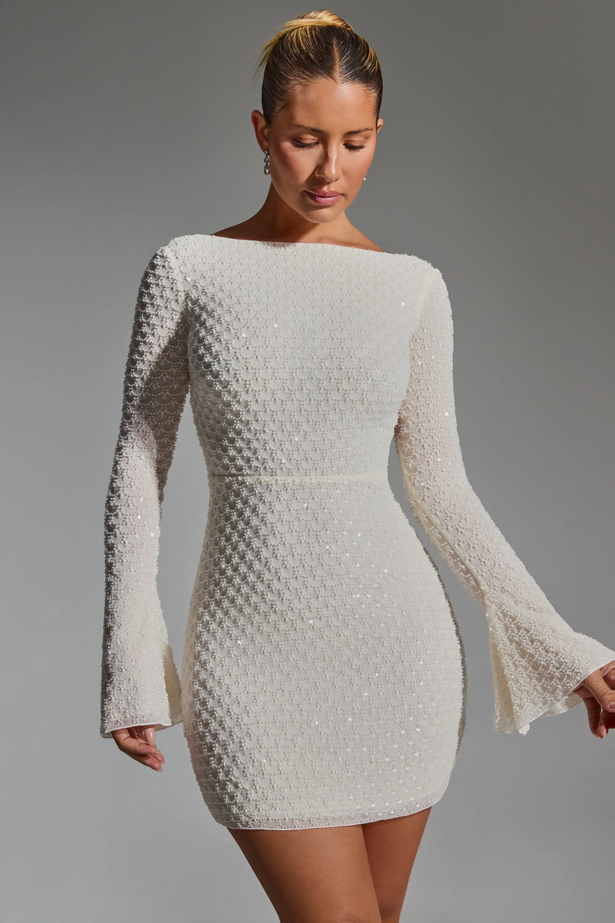 Play Edge Urban Pop Embellished Open-Back A-Line Mini Dress in White