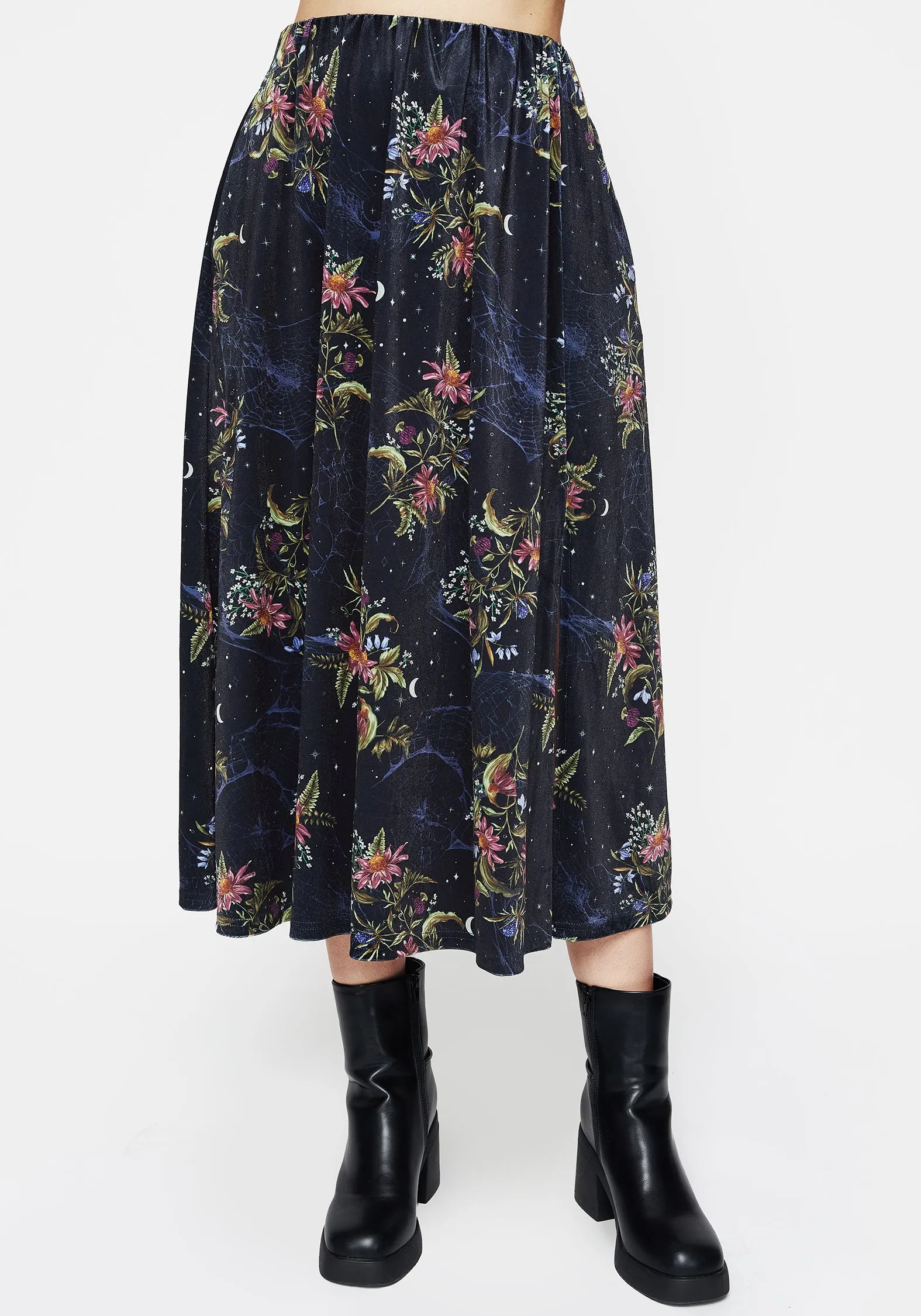 Calm Mood Feminine Charm Cleome Floral Spiderweb Velour Midi Skirt