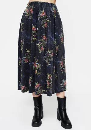 Calm Mood Feminine Charm Cleome Floral Spiderweb Velour Midi Skirt
