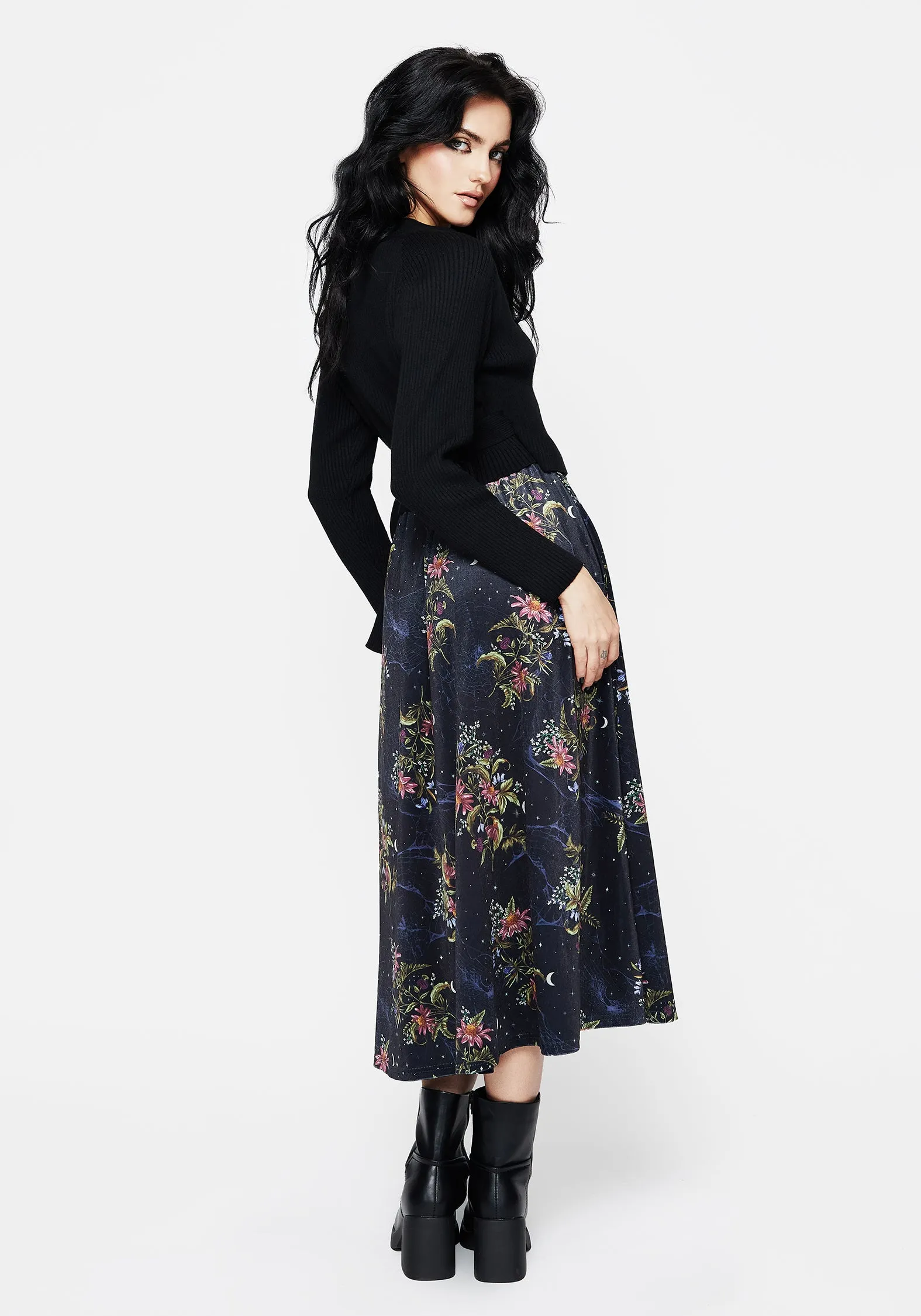 Cleome Floral Spiderweb Velour Midi Skirt Mix Texture Vibrant Flow