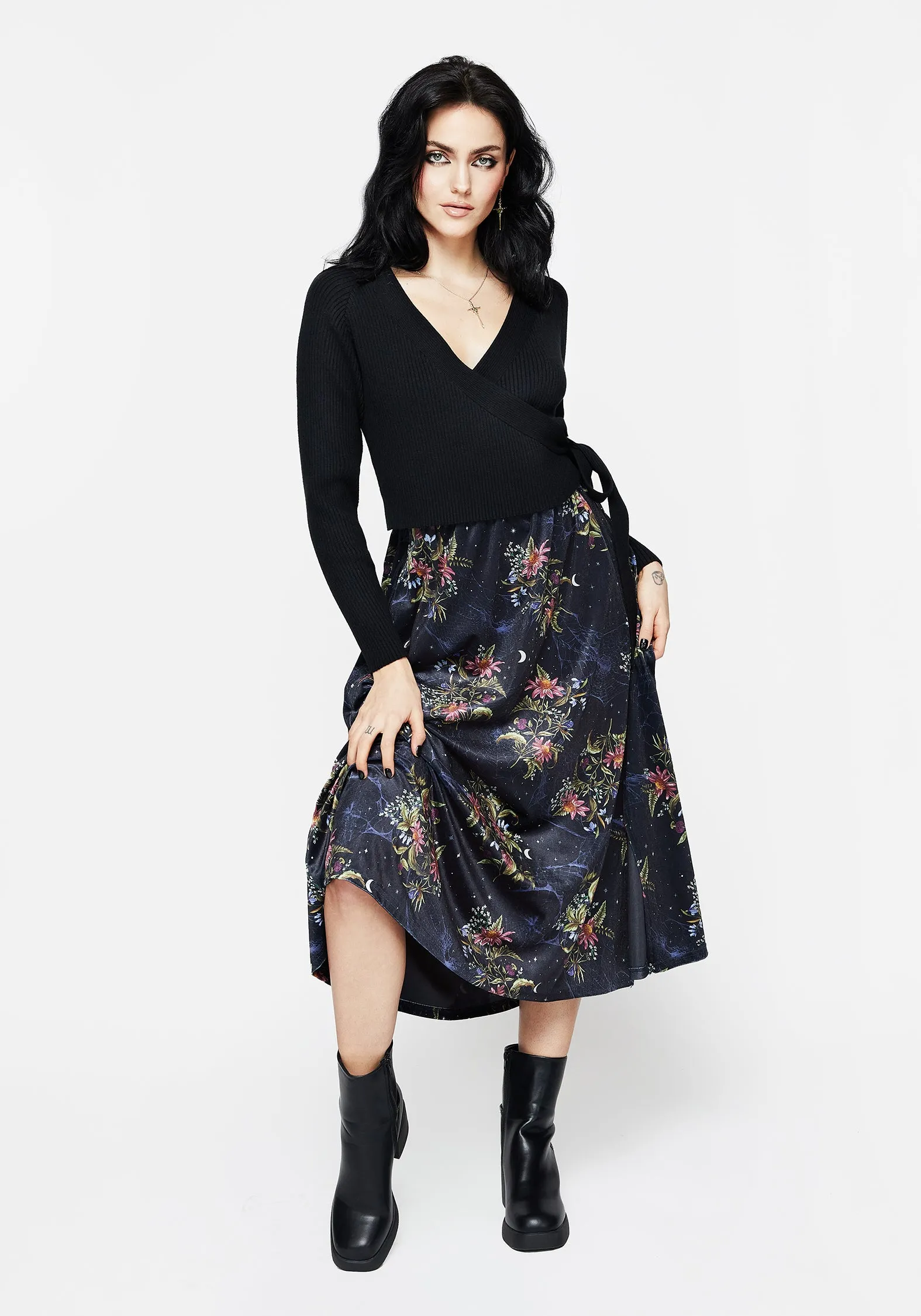 Wrap Front Hip Skimming Cleome Floral Spiderweb Velour Midi Skirt