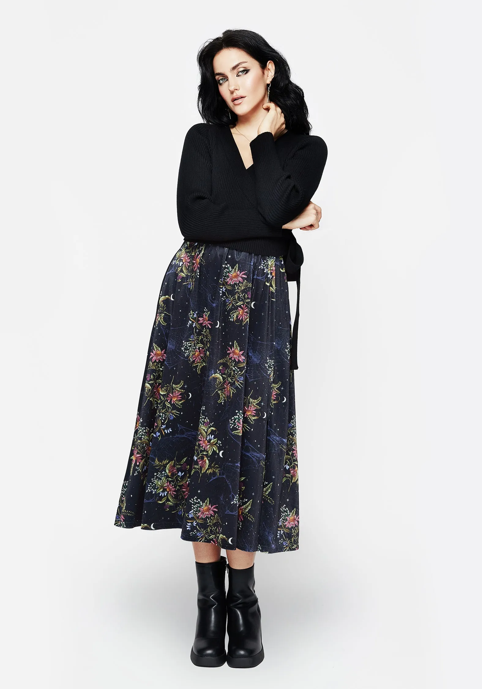 Cleome Floral Spiderweb Velour Midi Skirt Bold Statement Versatile Wear