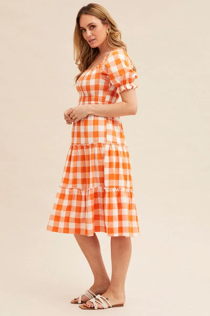Pearl Soft Check Short Sleeve Shirred Midi Dress