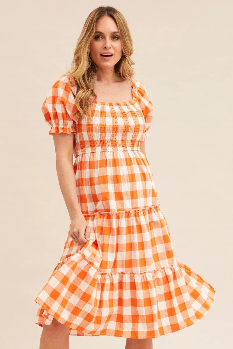 Check Short Sleeve Shirred Midi Dress Friend Wedding Season Proof