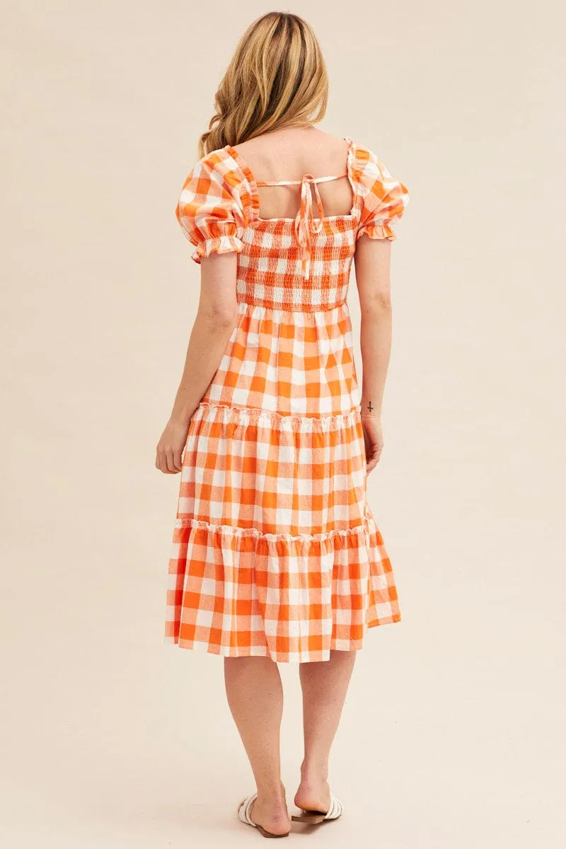 Check Short Sleeve Shirred Midi Dress Smart Casual