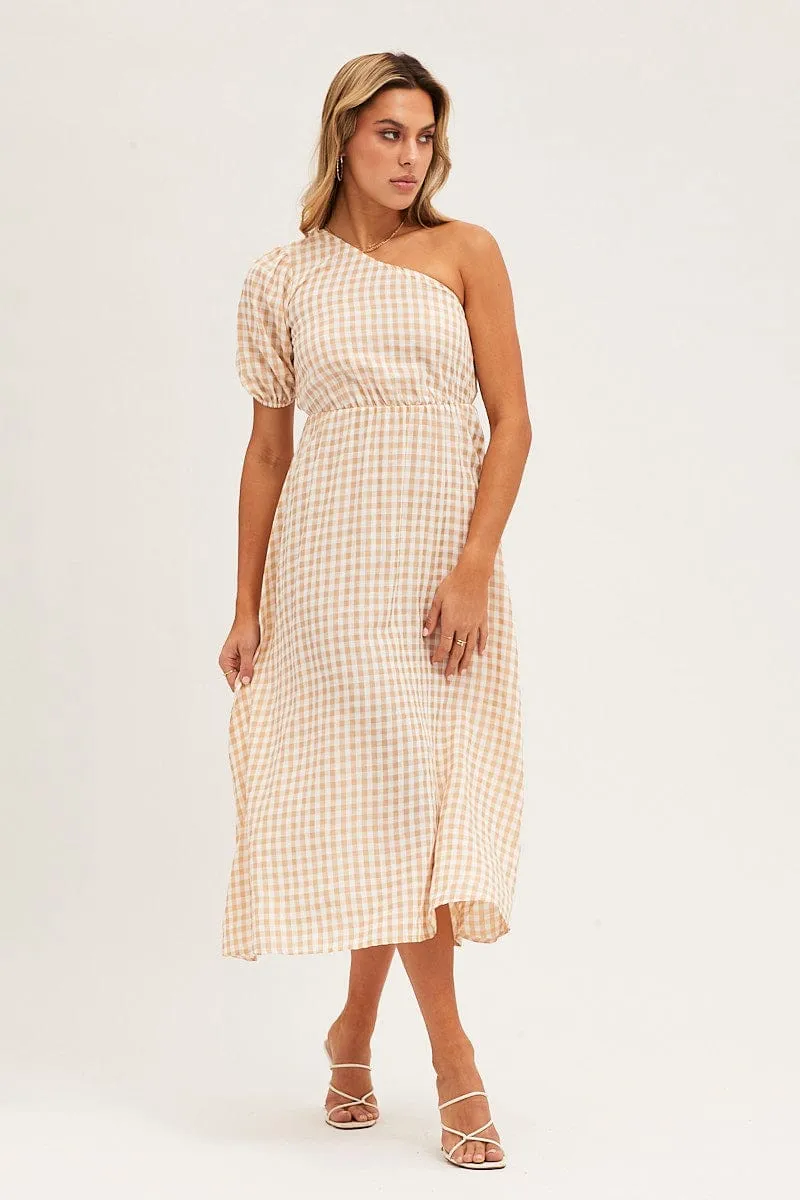 Easy Style Stripe Check One Shoulder Midi Dress