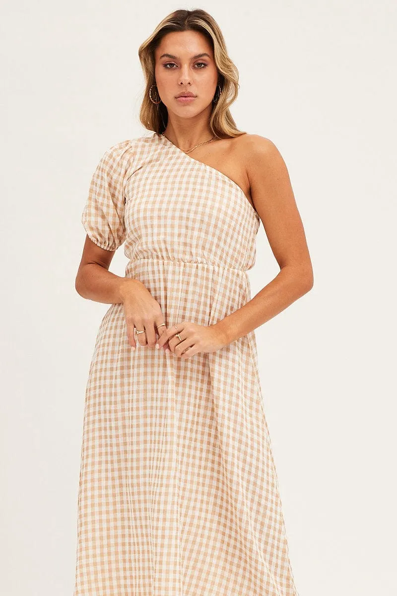 Stripe Check One Shoulder Midi Dress Copper Glow