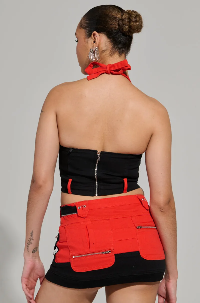High Stretch Material Lightweight Mesh Lining MOTOR SPORT CORSET TOP IN BLACK & RED