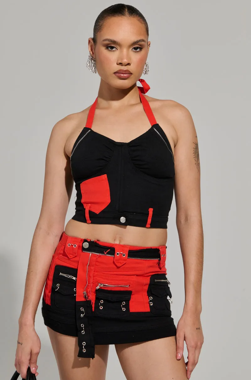 MOTOR SPORT CORSET TOP IN BLACK & RED low maintenance cost
