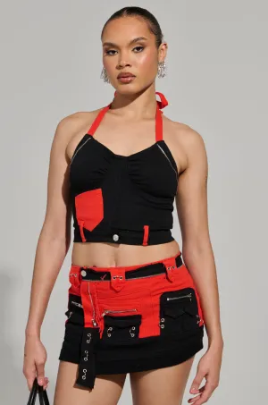 MOTOR SPORT CORSET TOP IN BLACK & RED Anti Pill Fabric