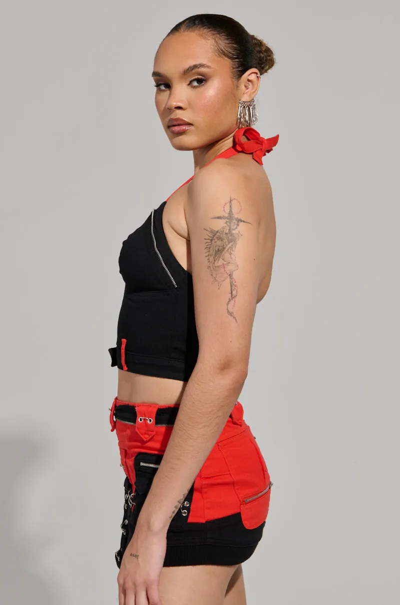 pollution - prevention function MOTOR SPORT CORSET TOP IN BLACK & RED