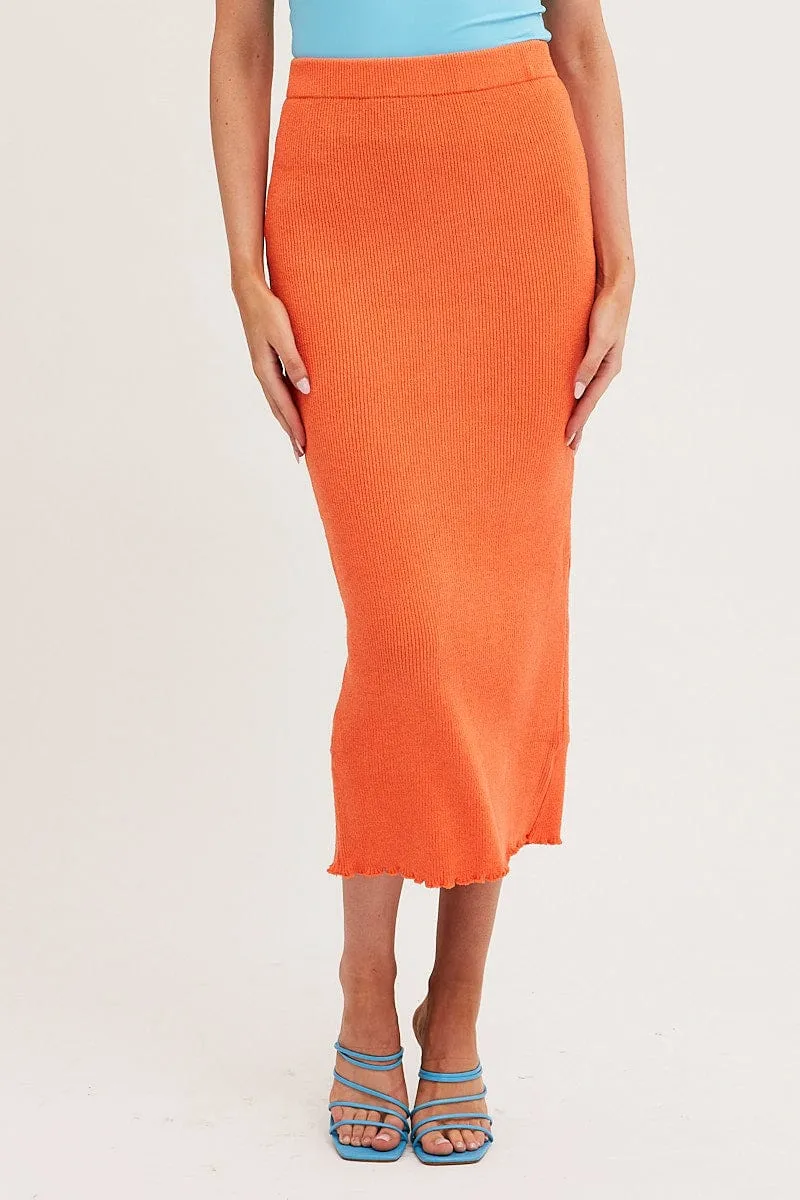 Tear Resistant Chic Attire Orange Maxi Skirt Knit High Waist