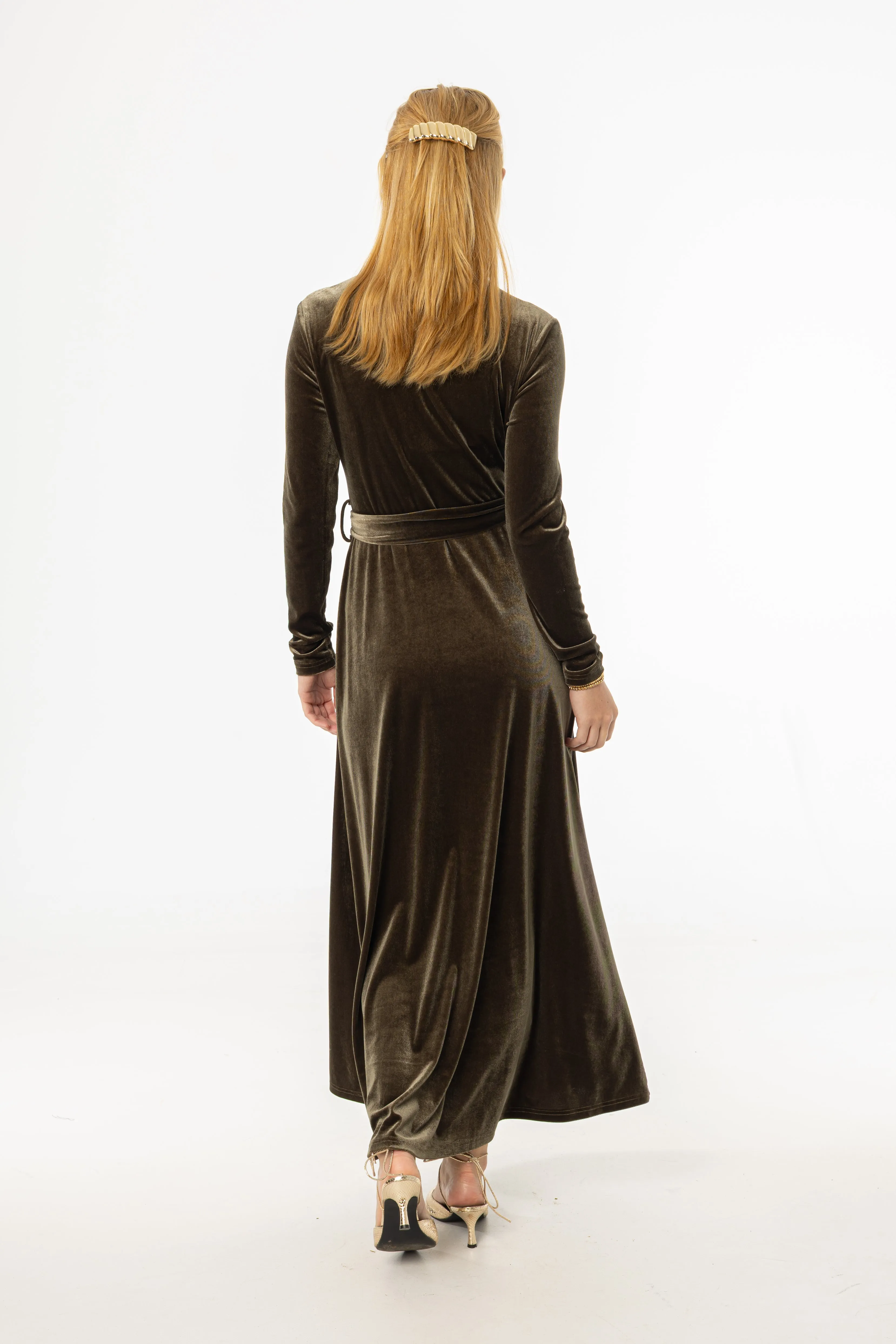 Wonder Fit Olive Ruched Velour Maxi Dress
