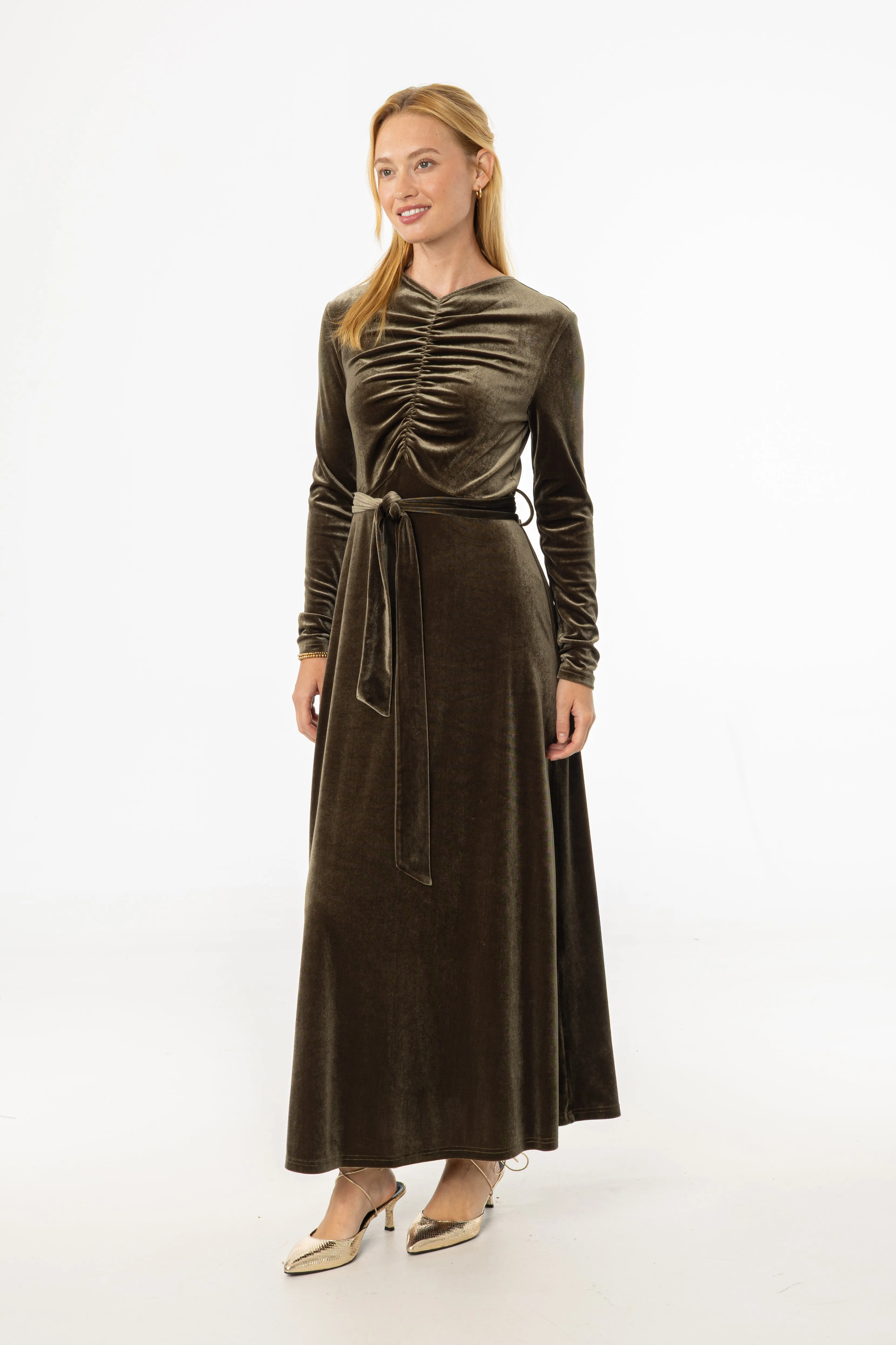 Olive Ruched Velour Maxi Dress Street Glow