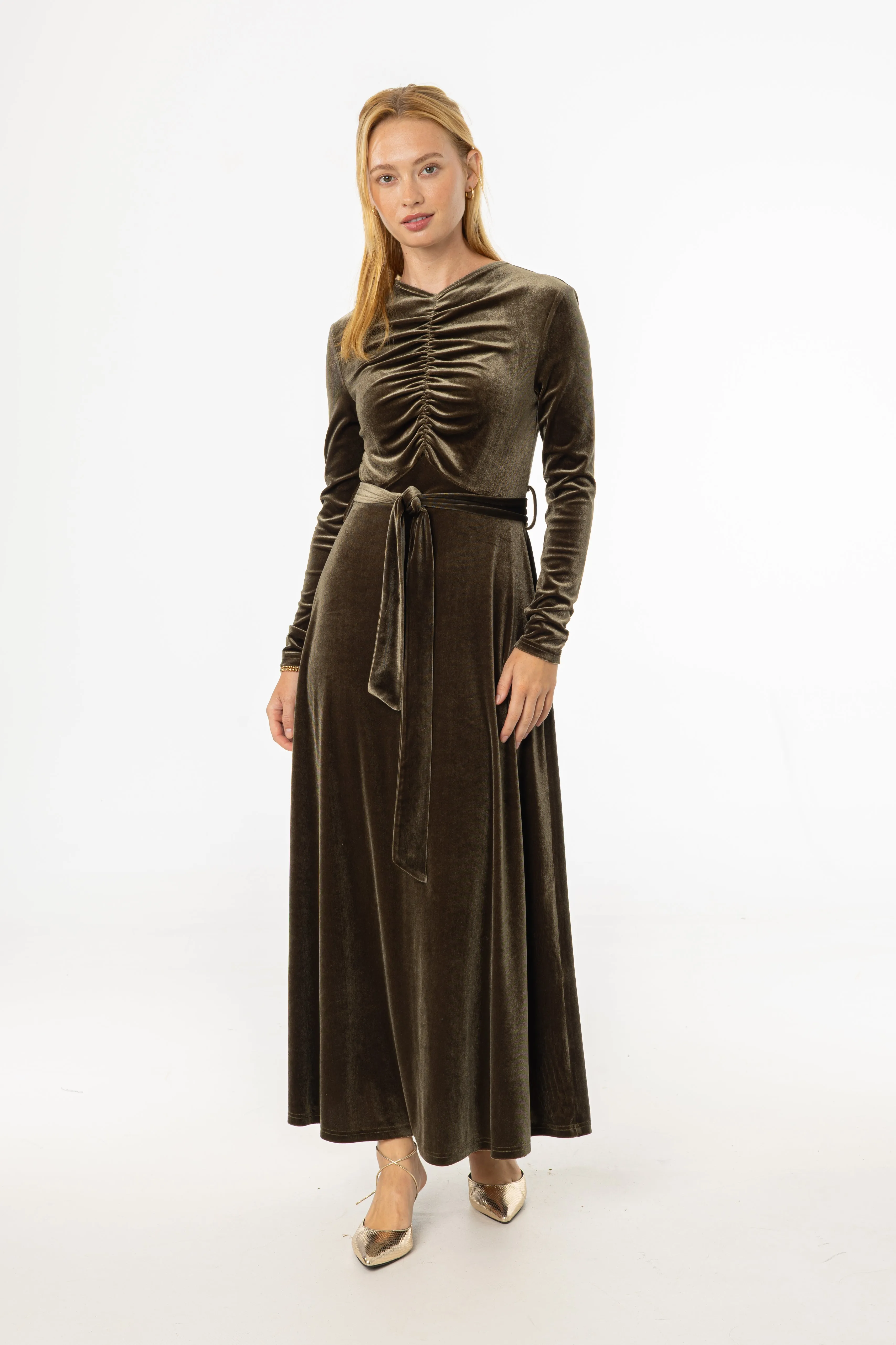 Olive Ruched Velour Maxi Dress Movement Friendly Cyber Core