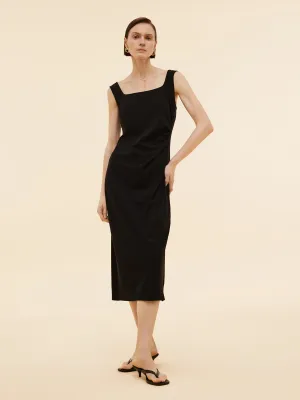 All-Season Wear Side Pleat Square Neck Women Sleeveless Knit Maxi Dress
