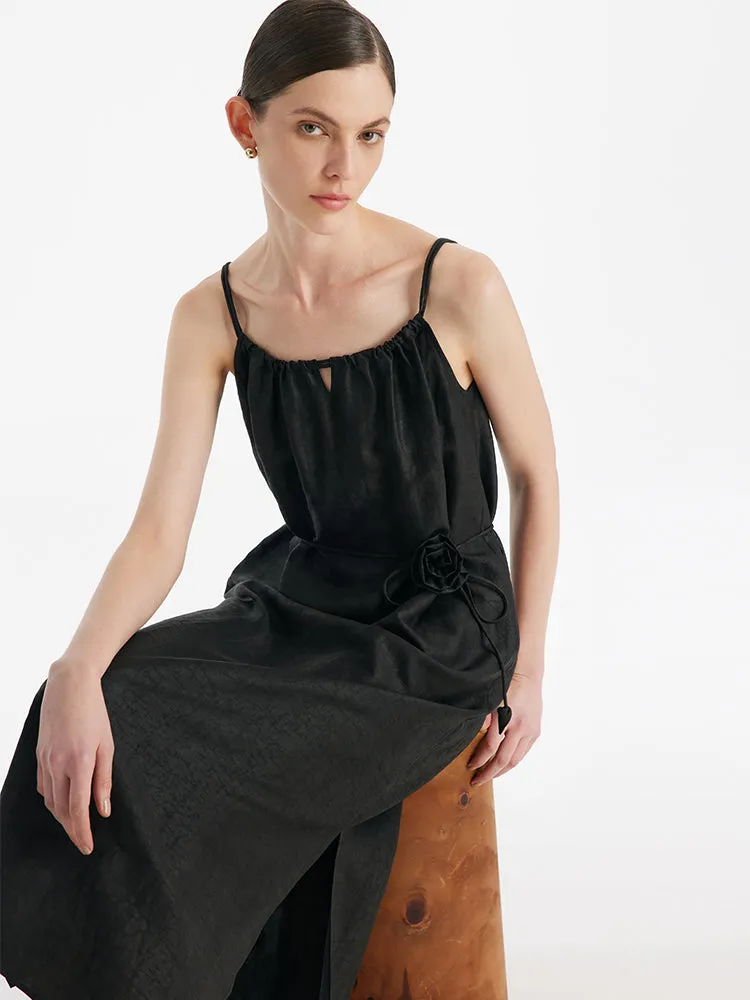 Dad Core Beach Fit 18 Momme Xiang Yun Silk Women Spaghetti Strap Maxi Dress With 3D Rose Belt