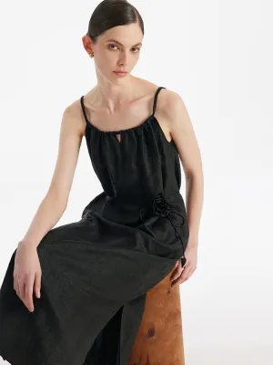 Dad Core Beach Fit 18 Momme Xiang Yun Silk Women Spaghetti Strap Maxi Dress With 3D Rose Belt