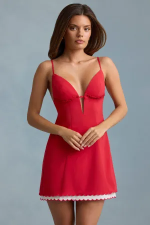 Bright Pop Bold print mini dress Scalloped Backless A-Line Mini Dress in Scarlet Red