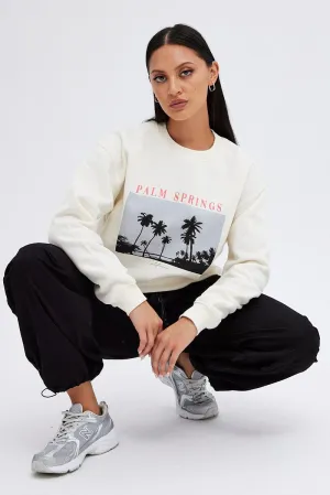 Anti fungal suitable for casual events Beige Graphic Cream Sweater Long Sleeve