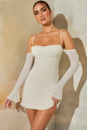 Heat Proof Tie Back Closure System Long Sleeve Bardot Mini Dress in Stone