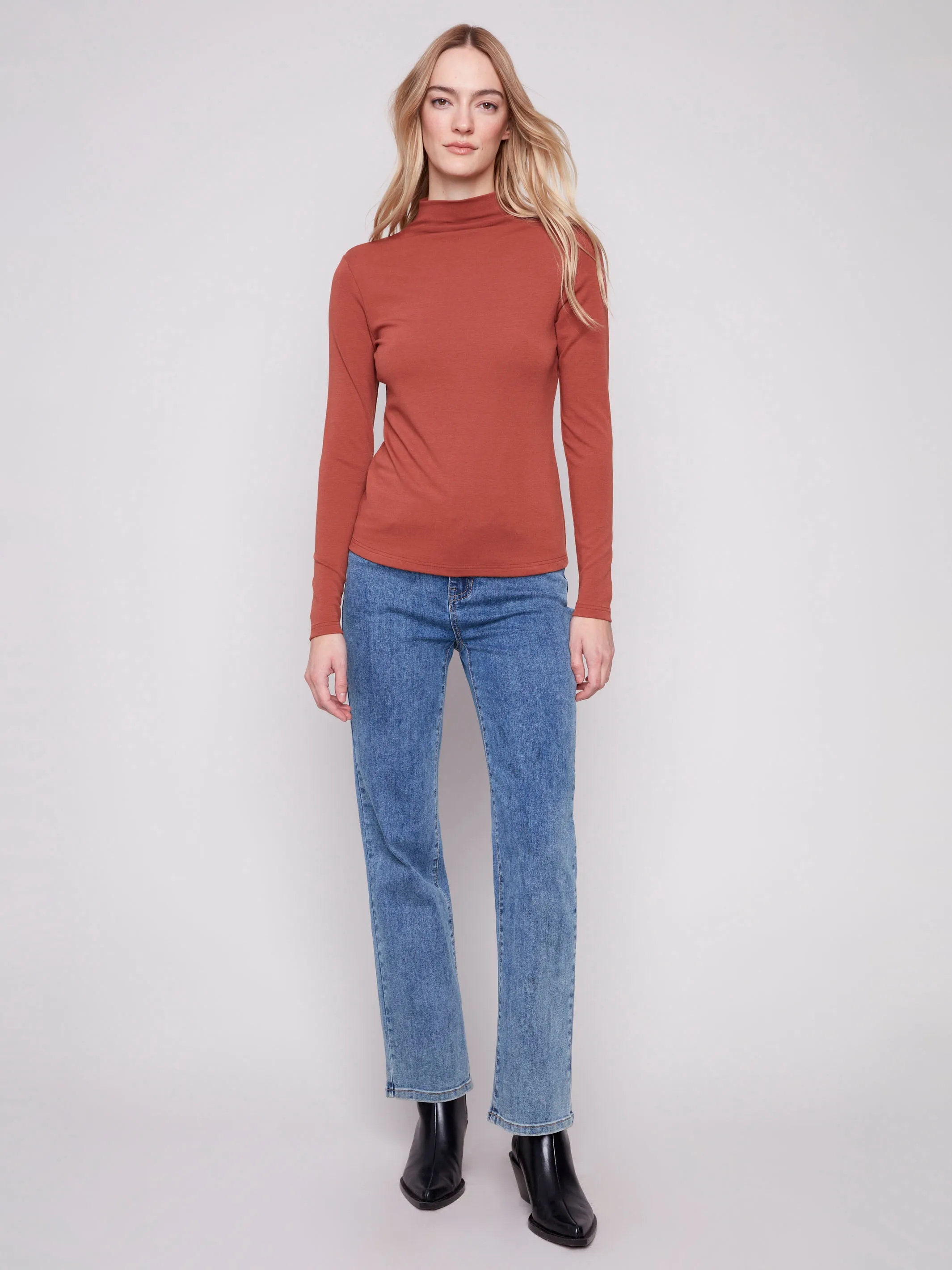 Wide Neck Opening Long Sleeve Mock Neck Top - Sepia
