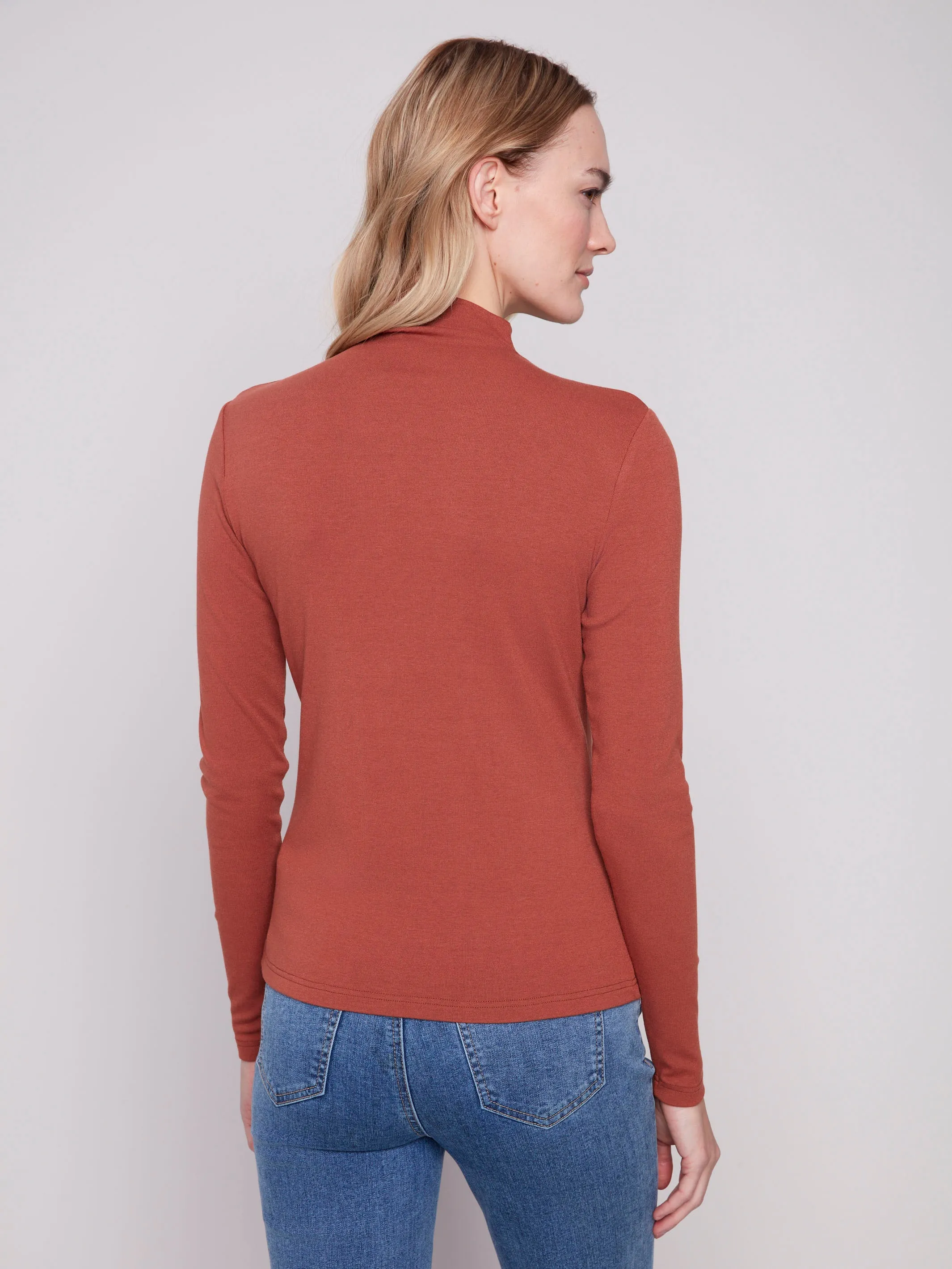 Long Sleeve Mock Neck Top - Sepia Adjustable Hem Comfy Vibes