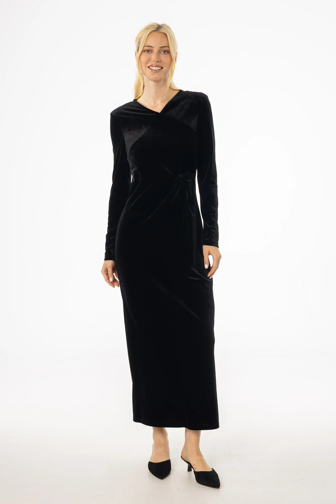 Black Twist Velour Maxi Dress Weather Guard TumbleDry Safe