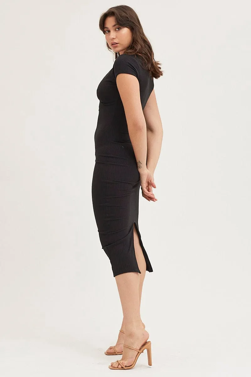 Spring Tone Black Jersey Dress Short Sleeve Midi Ribbed