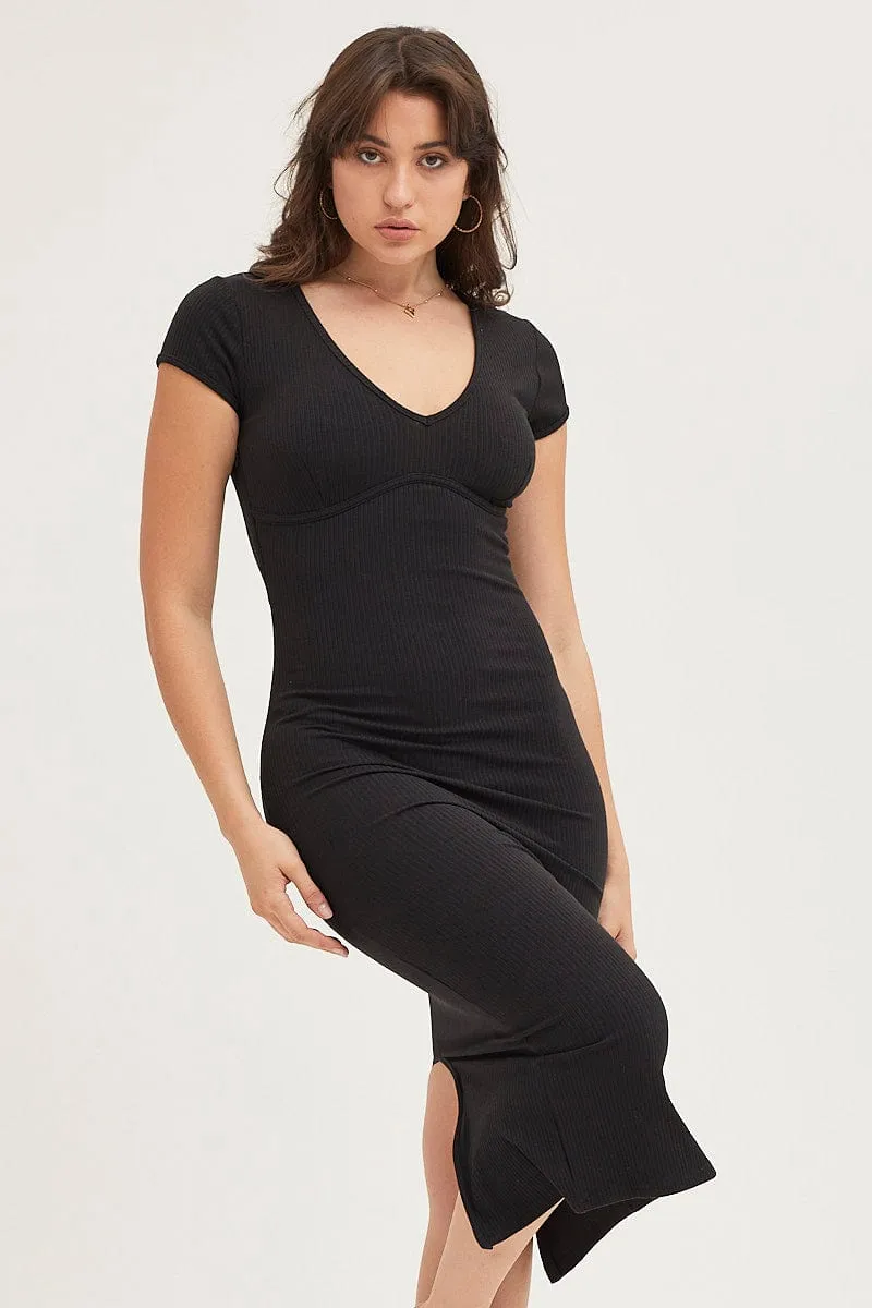 Flattering Fit All Day Black Jersey Dress Short Sleeve Midi Ribbed
