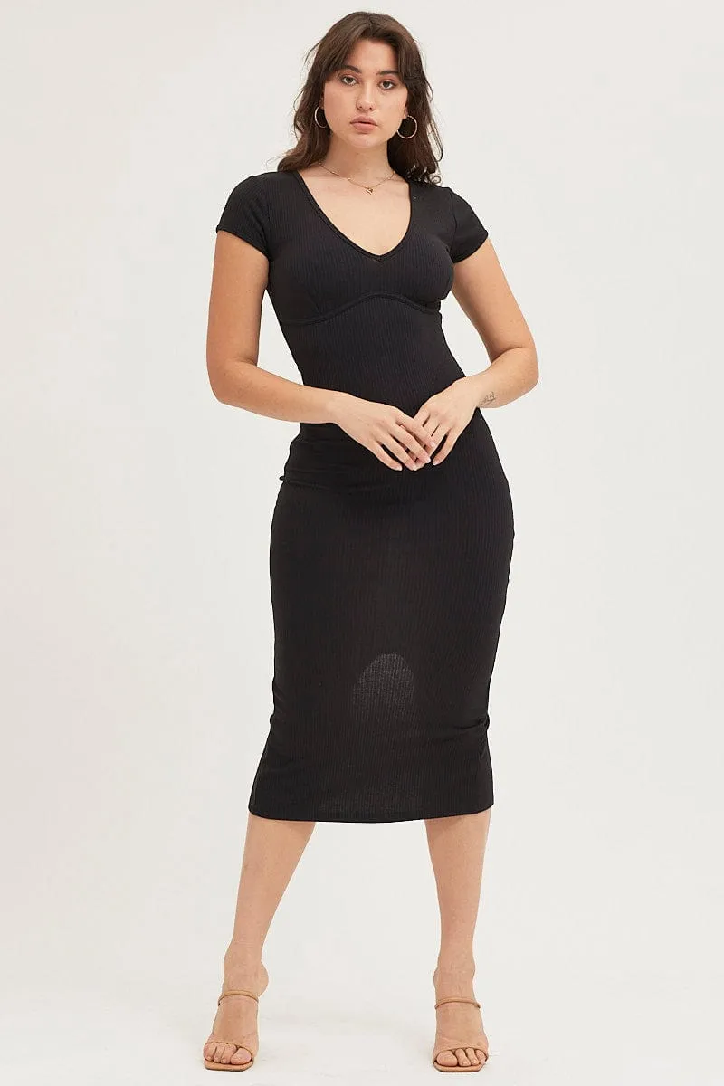 Black Jersey Dress Short Sleeve Midi Ribbed Soft Texture Comfortable Style
