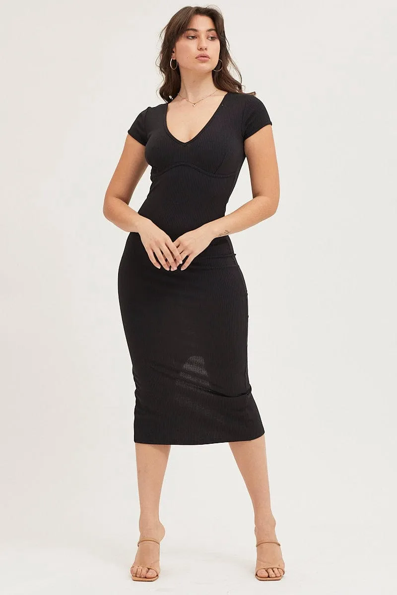 Urban Casual Vintage-inspired knee-length piece Black Jersey Dress Short Sleeve Midi Ribbed
