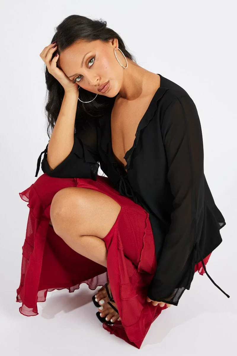 Lightweight Lifestyle Look Red Floral Maxi Skirt Mesh Frilled Mesh