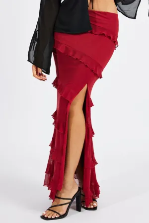Red Floral Maxi Skirt Mesh Frilled Mesh Convertible Length
