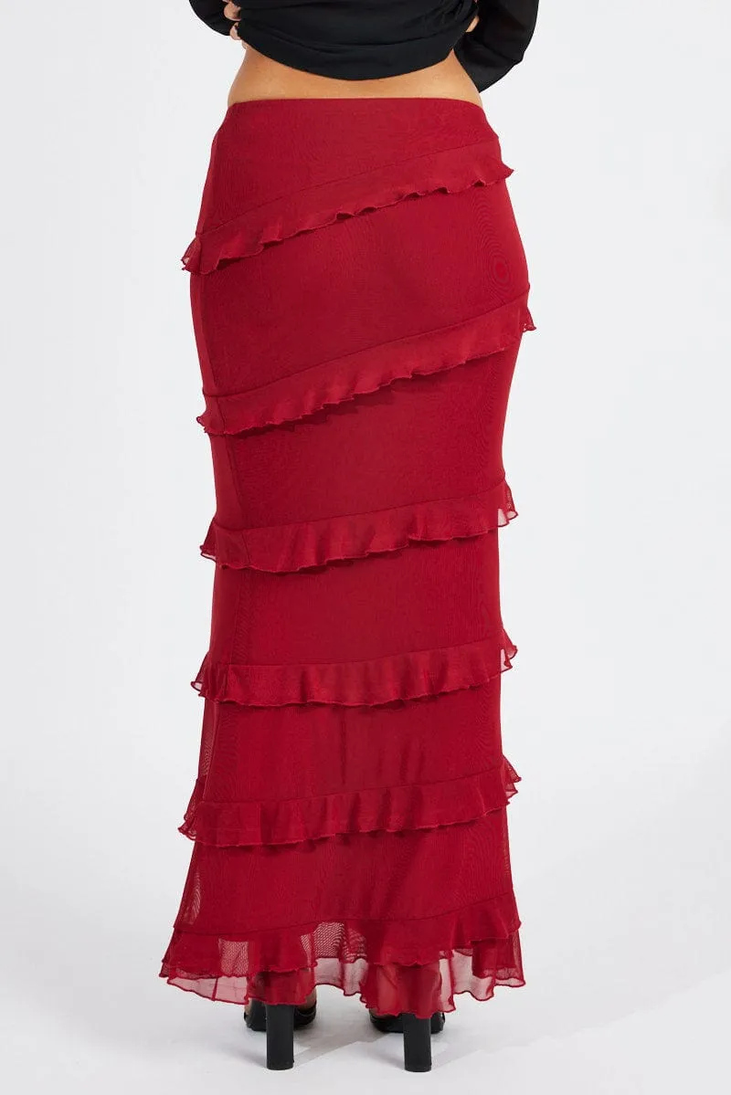 Red Floral Maxi Skirt Mesh Frilled Mesh Unisex style Luxury Trim
