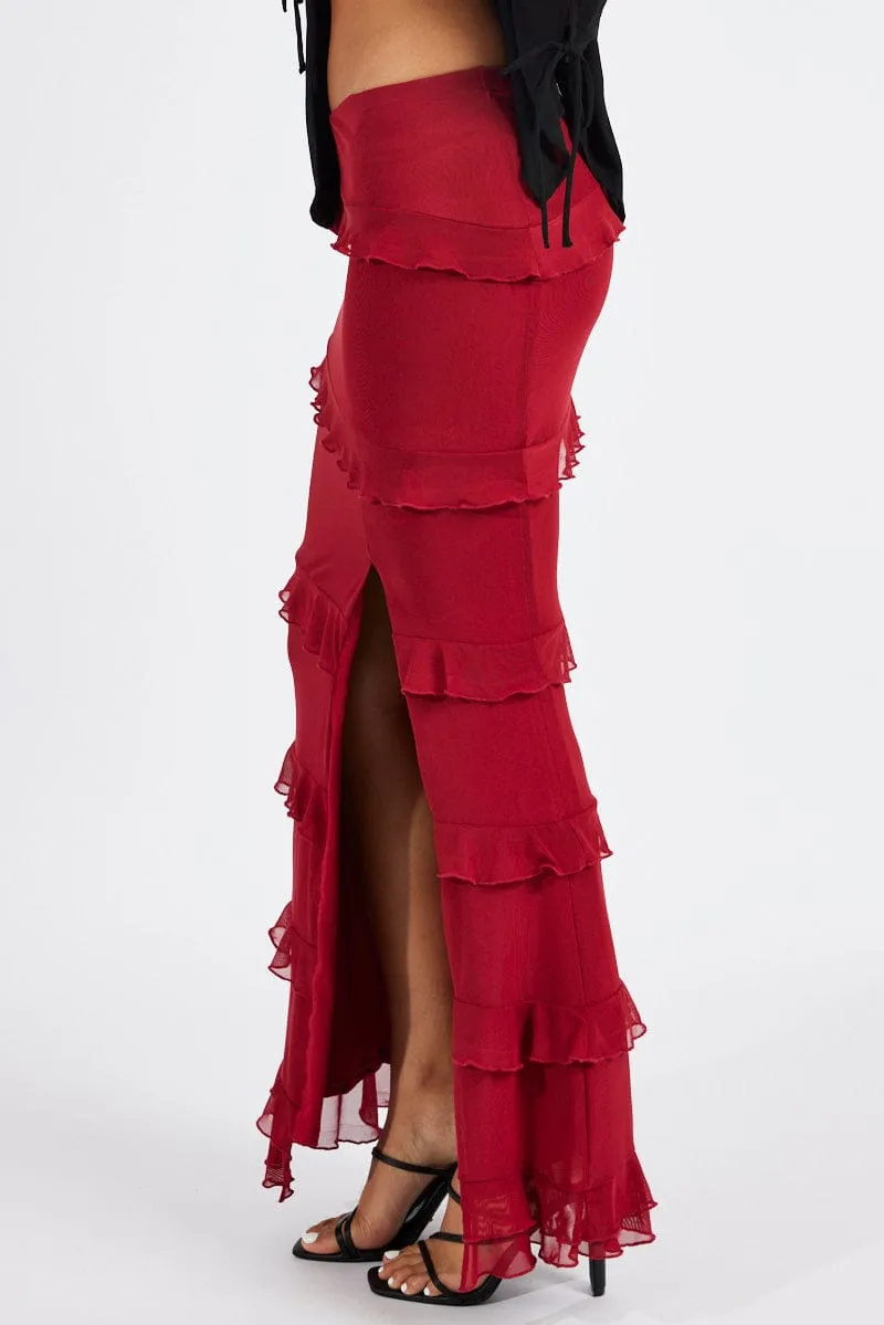 Street Look Red Floral Maxi Skirt Mesh Frilled Mesh