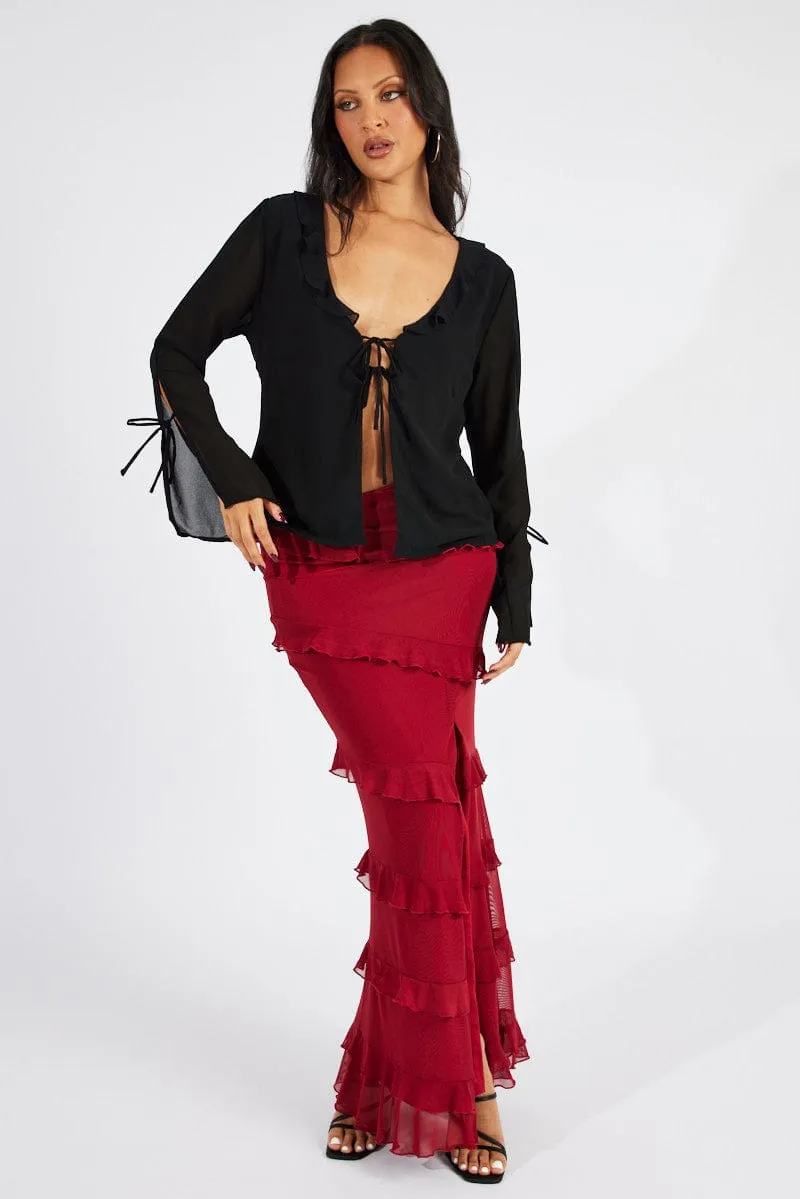 Red Floral Maxi Skirt Mesh Frilled Mesh Quick Dry Technology