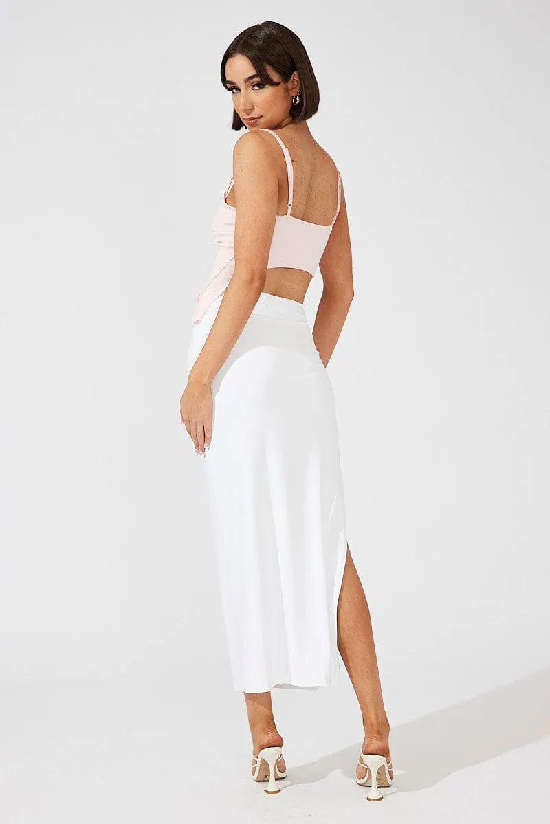 White Supersoft Maxi Skirt Side Split Elasticized Cuff A line