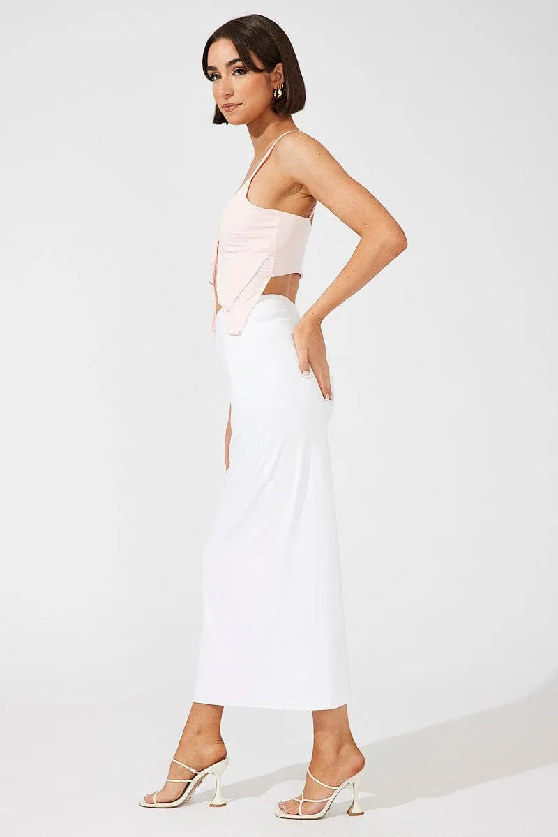White Supersoft Maxi Skirt Side Split Low Rise Leg Elongating