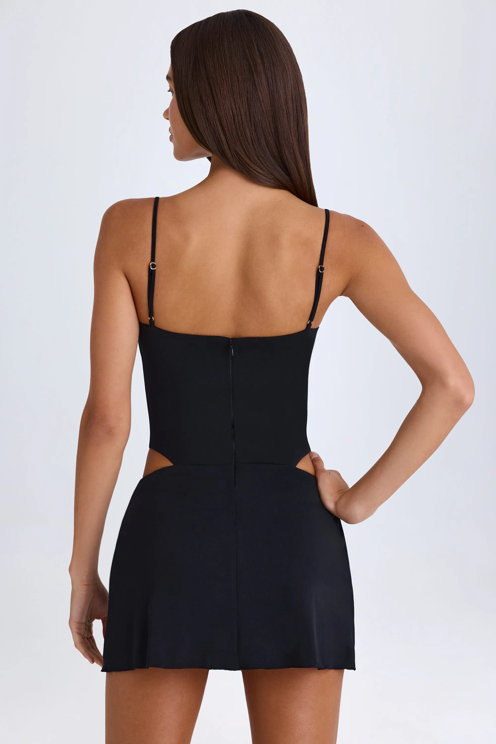 Edge Warm Cut Edge Draped Cut-Out Mini Dress in Black